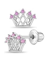 nice polished silver pink cubic zirconia crown baby birthstone earrings